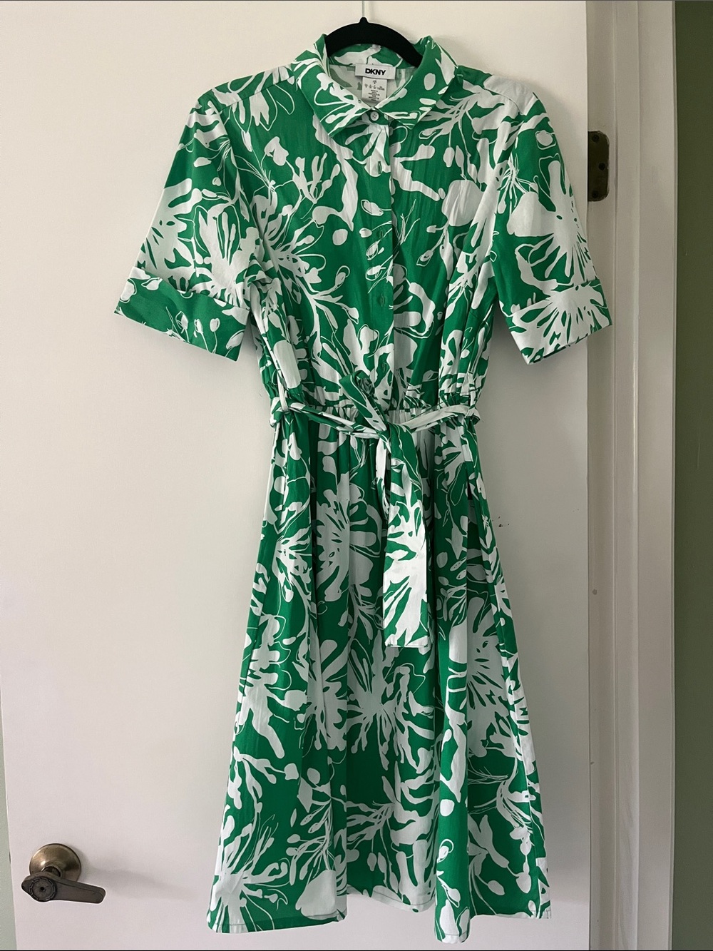 DKNY Green and White Floral Midi Shirt Dress with Waist Tie